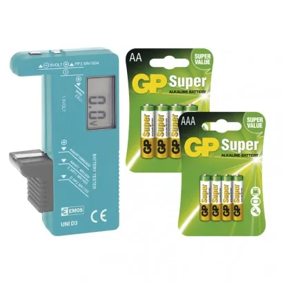 EMOS Univerzális elemteszter + 4x AAA+AA GP Super alkáli e...