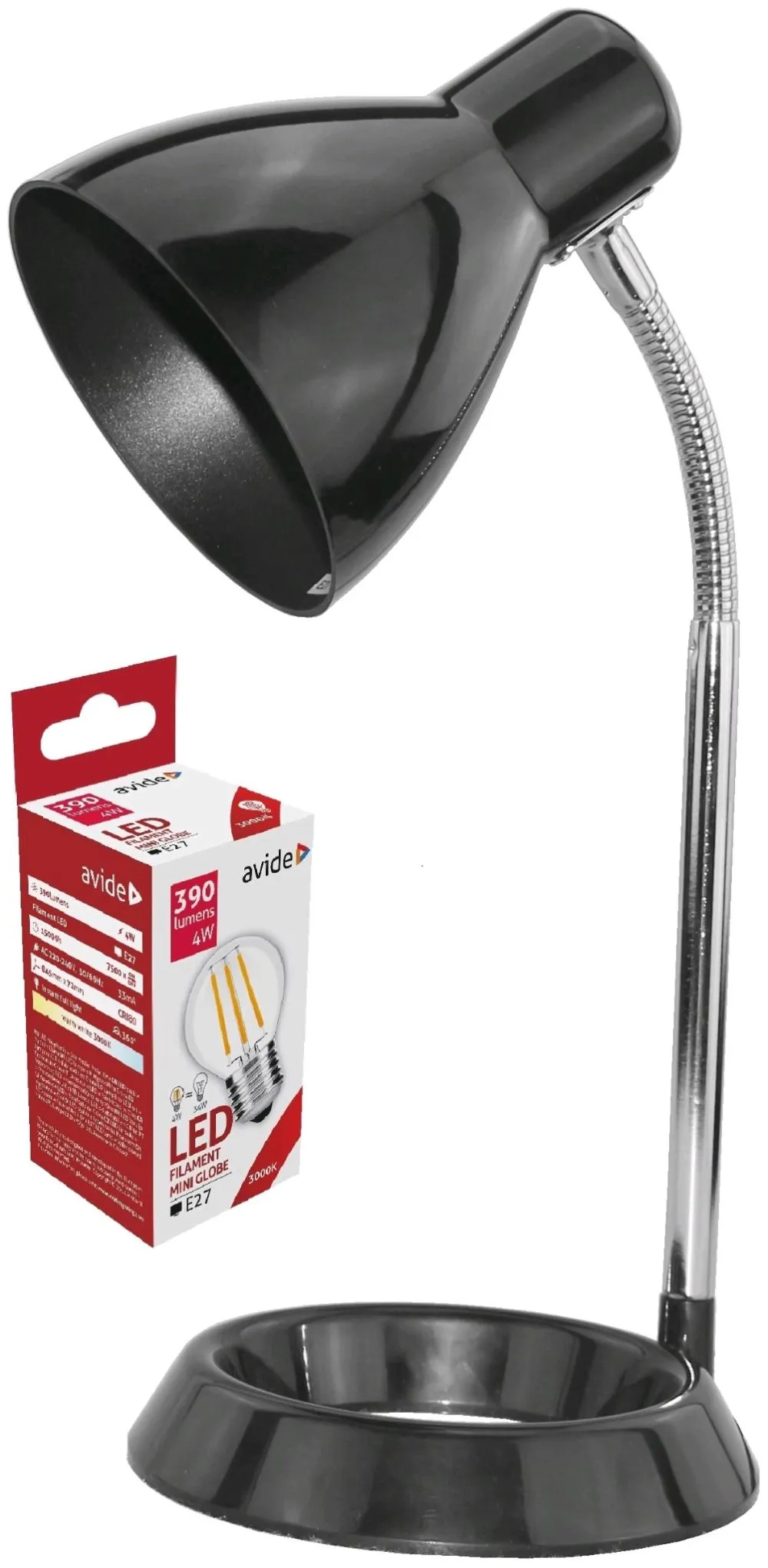 Avide Basic Asztali Lámpa O Talpú Fekete + LED fényforrás...